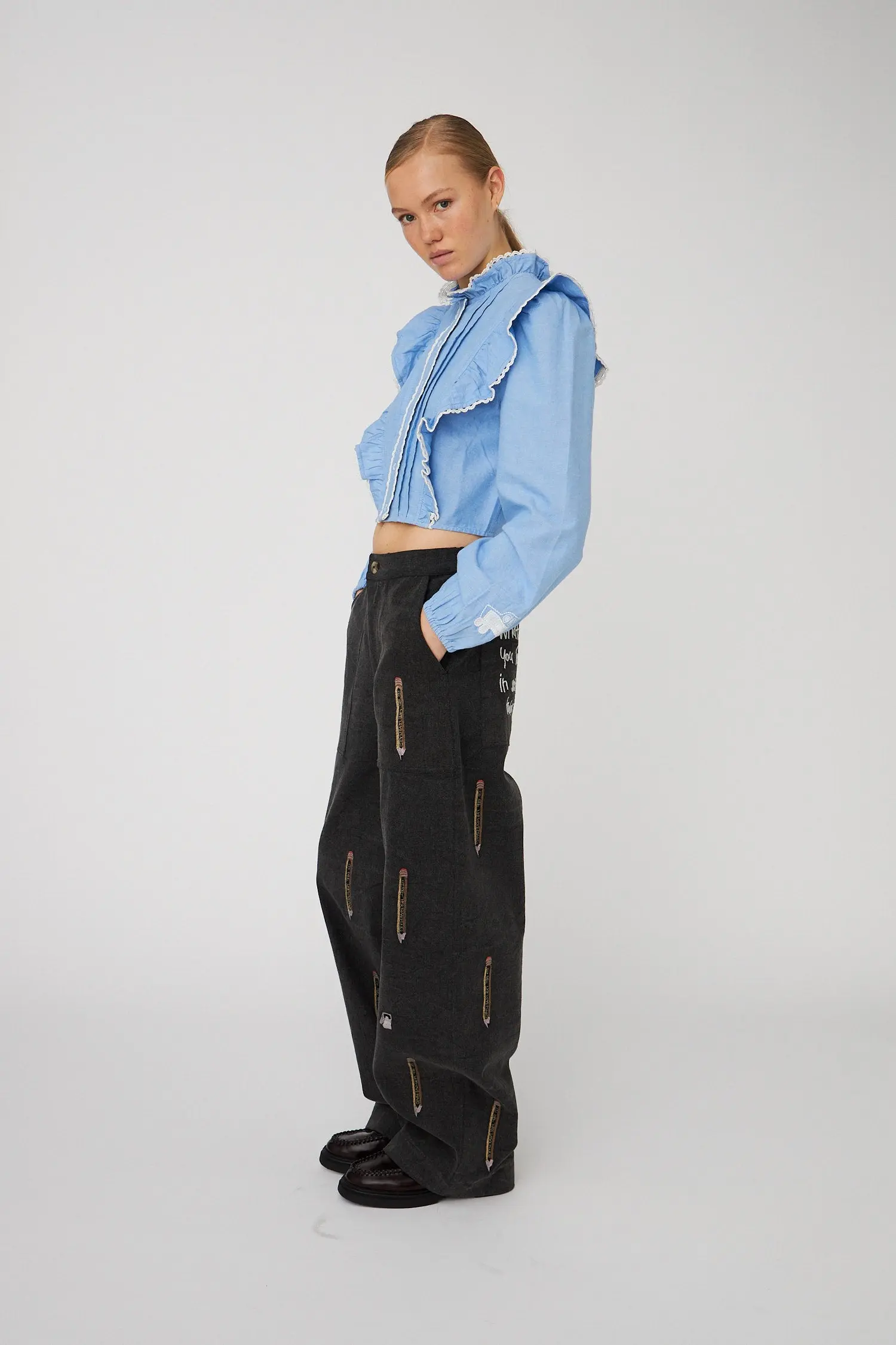 Chambray Cropped Frill Shirt - Light Blue Melange - Image 3