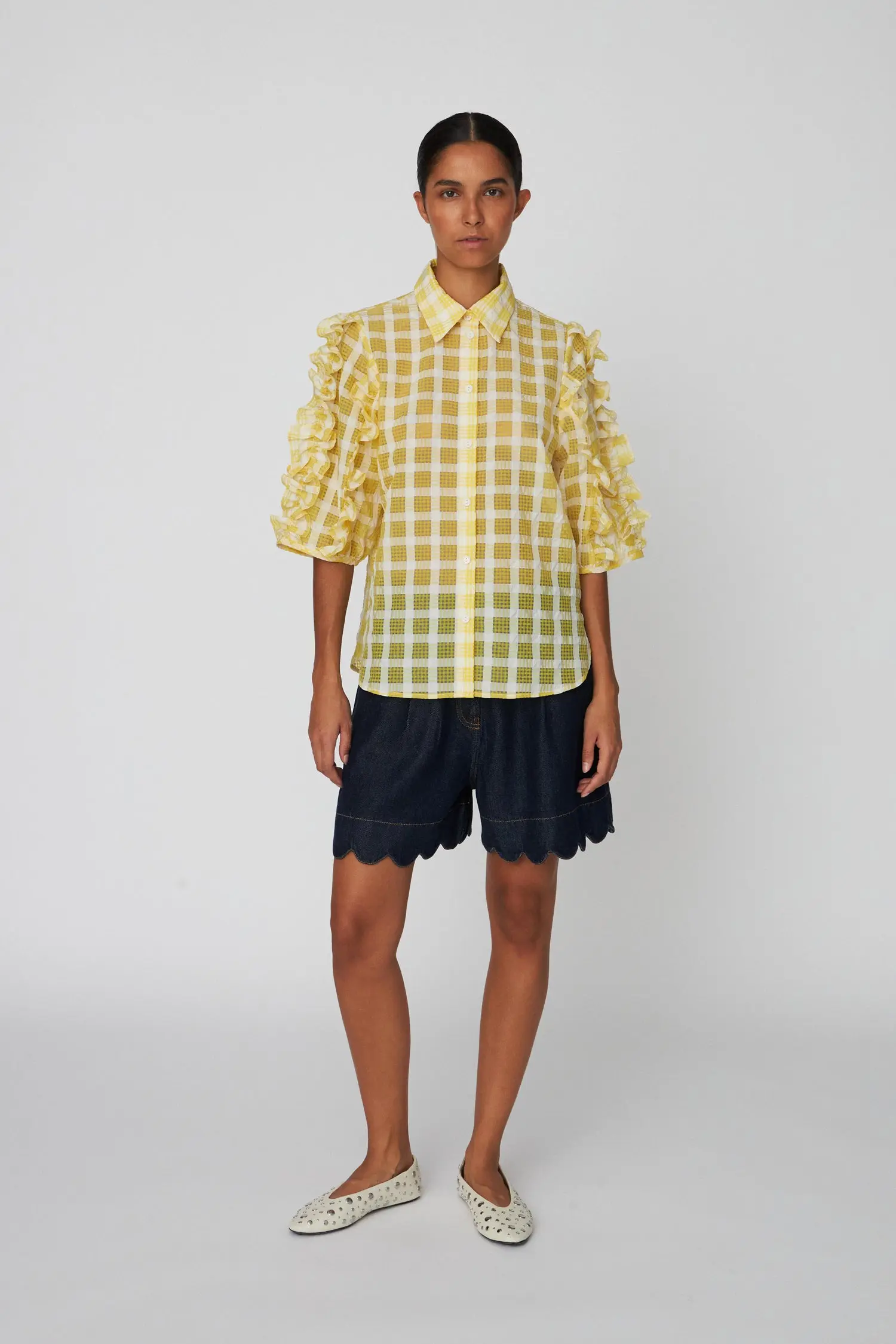 Delicate Checked Frill Shirt - Lovely Yellow - Image 4