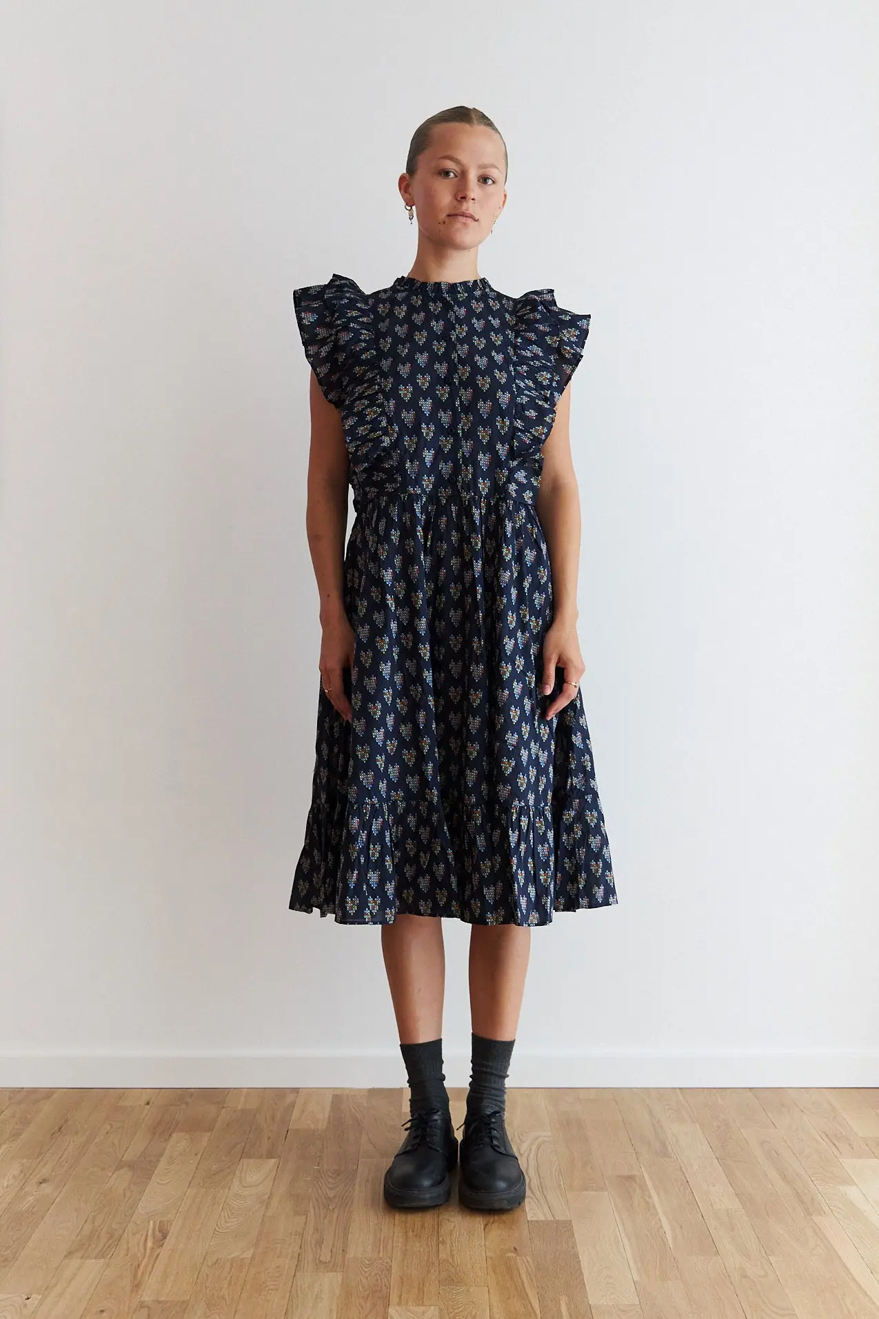 Delicate Printed Cotton Dress - Navy Hearts