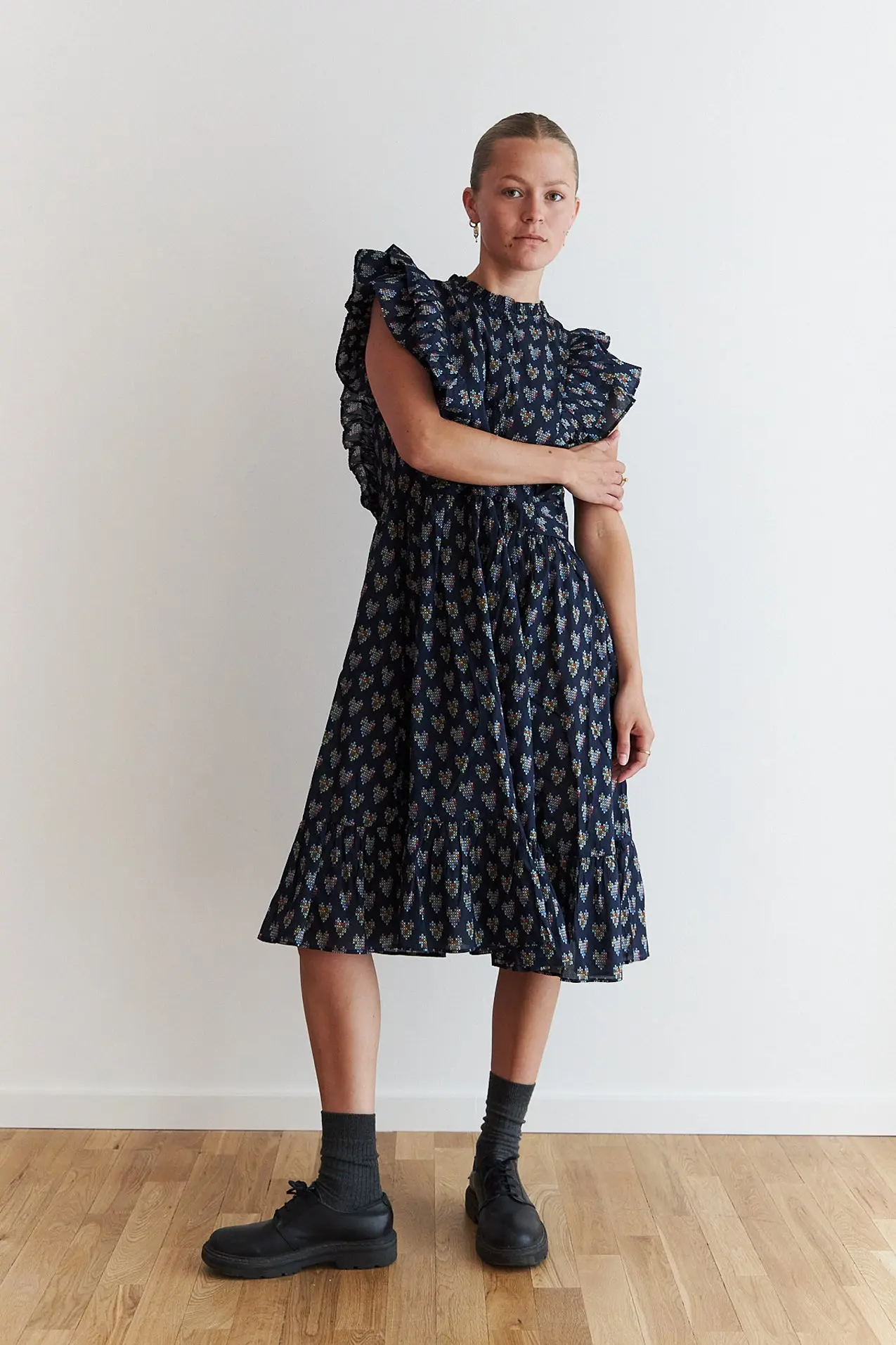 Delicate Printed Cotton Dress - Navy Hearts - Image 3