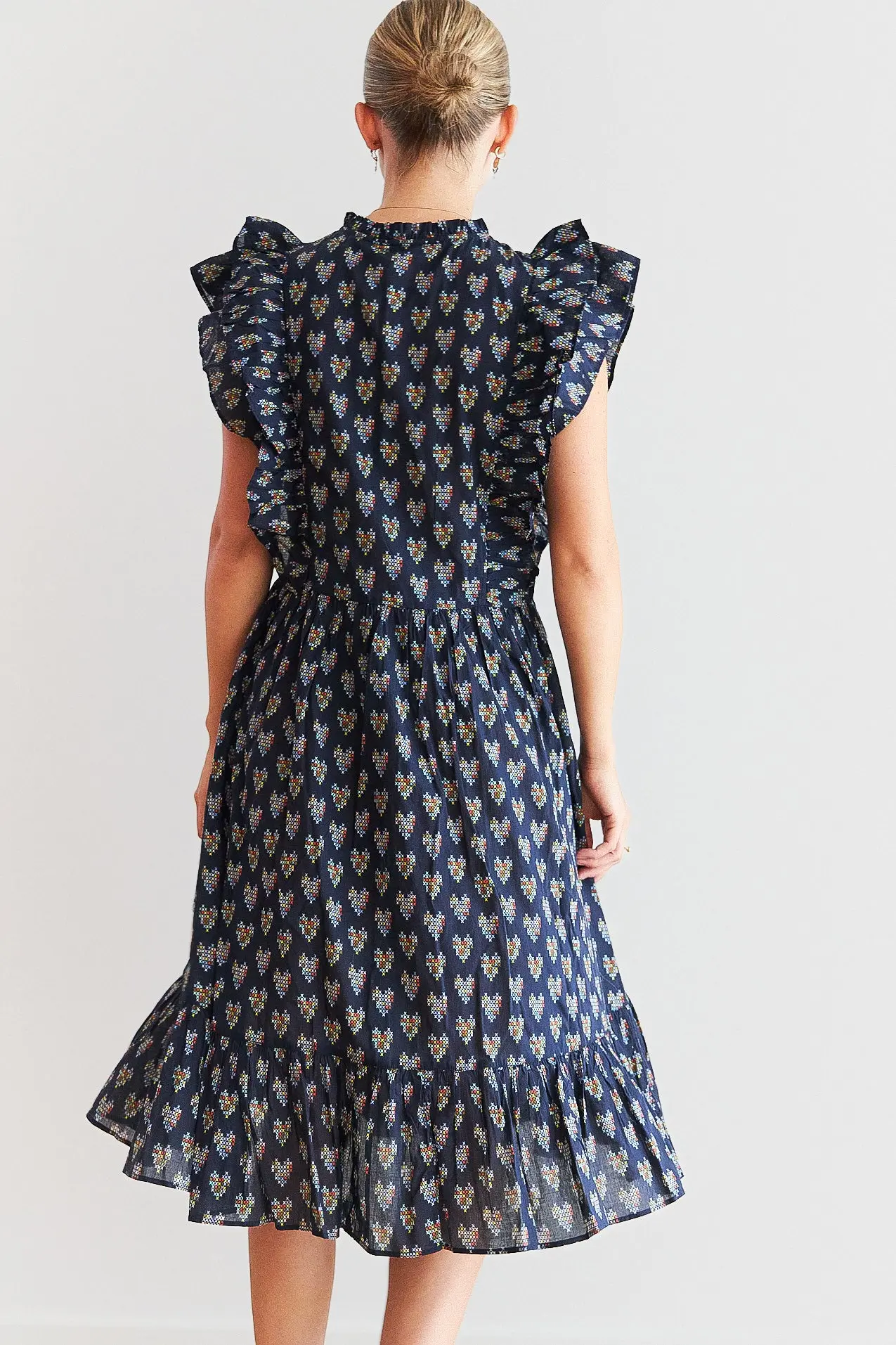 Delicate Printed Cotton Dress - Navy Hearts - Image 4