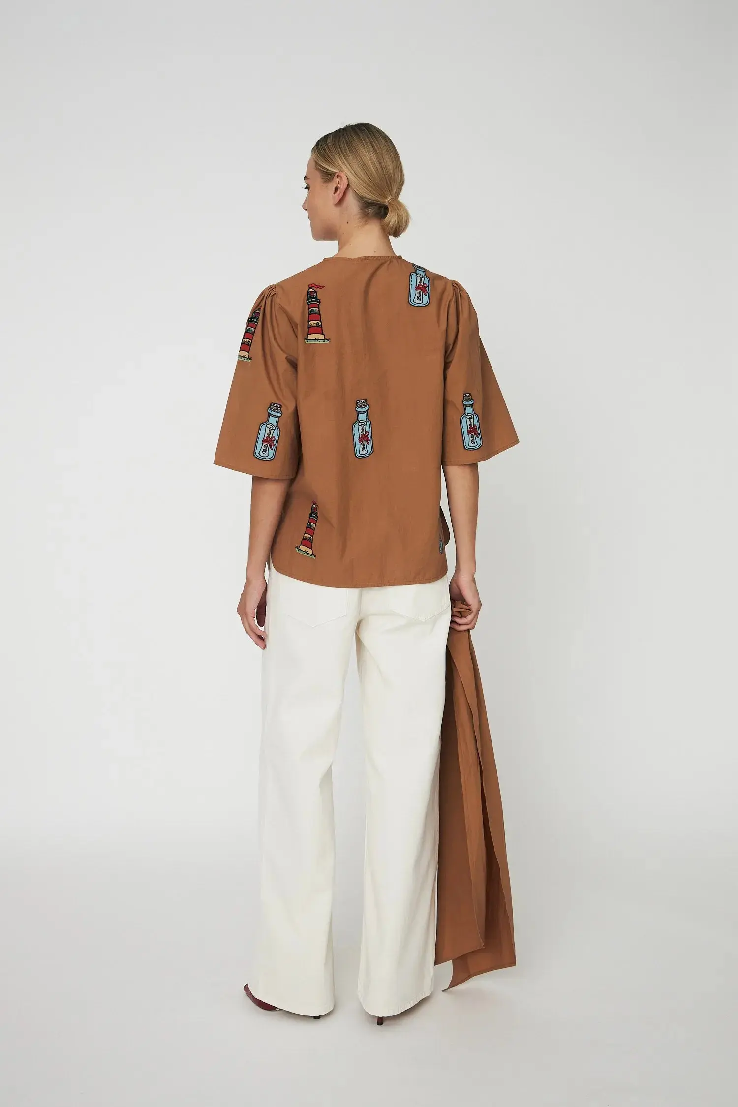 Embroidered Bow Shirt - Brown - Image 3