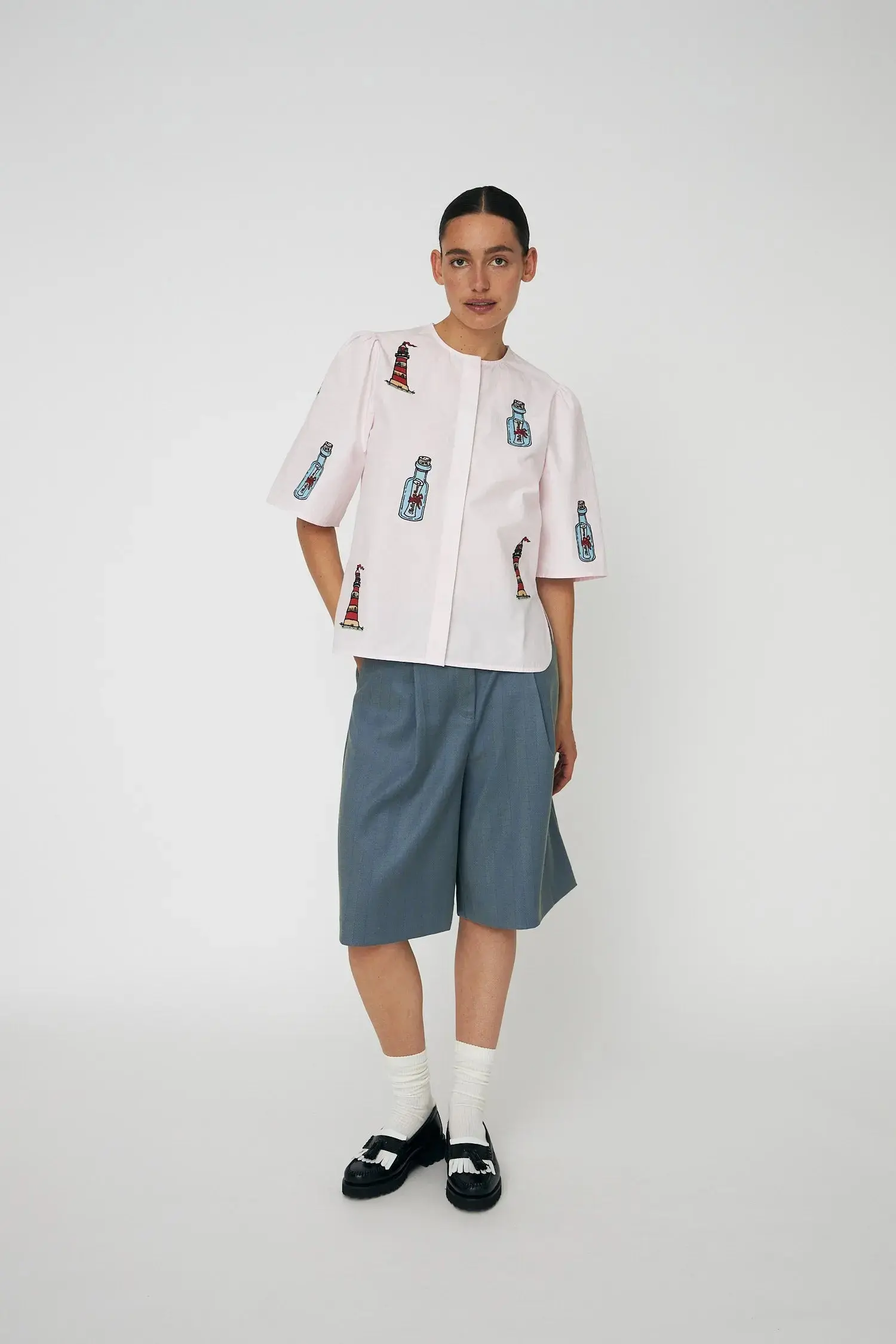 Embroidered Bow Shirt - Pale Pink - Image 3