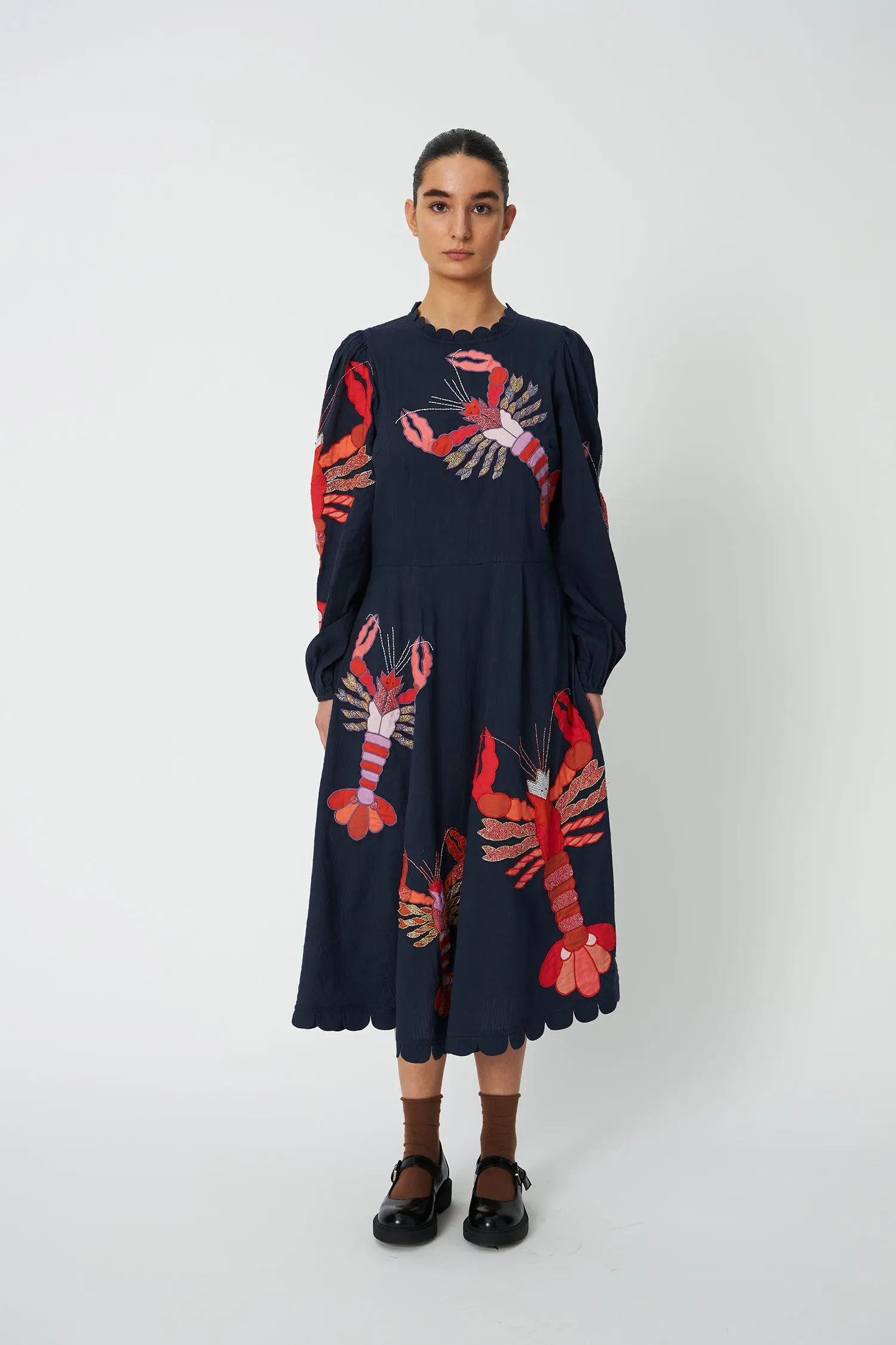 Embroidered Midi Dress - Navy