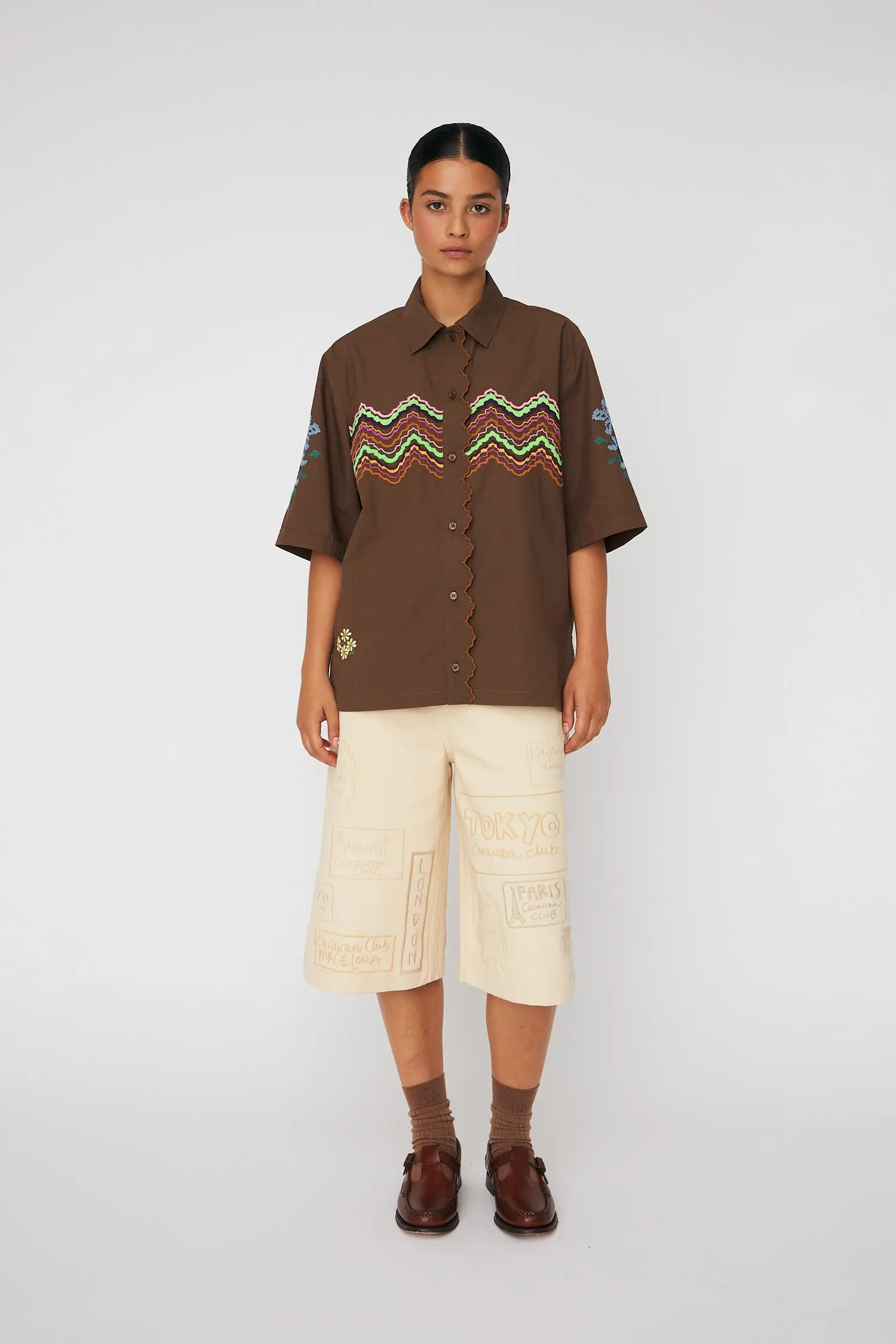 Embroidered Short Sleeved Shirt - Brown