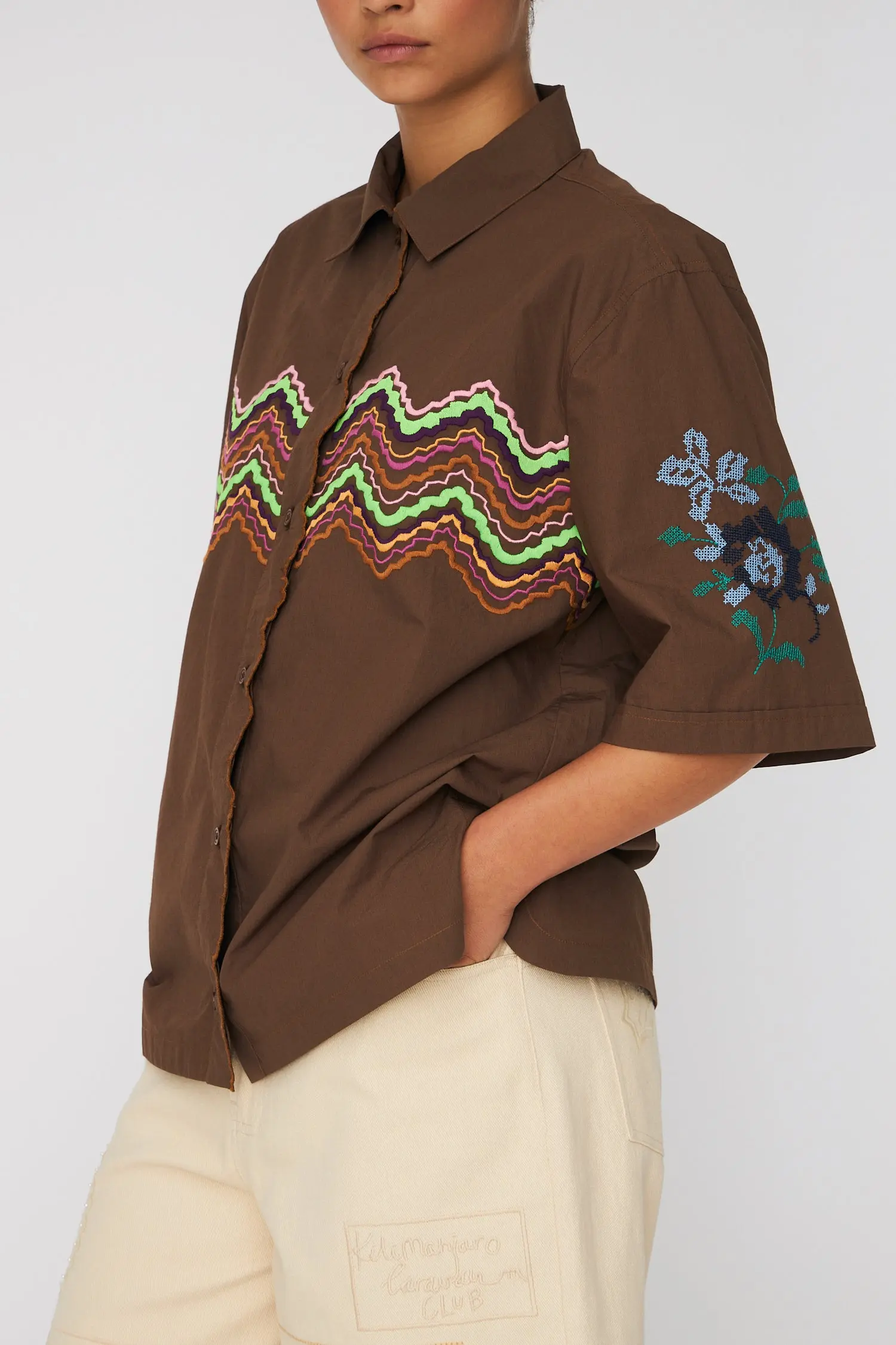 Embroidered Short Sleeved Shirt - Brown - Image 2