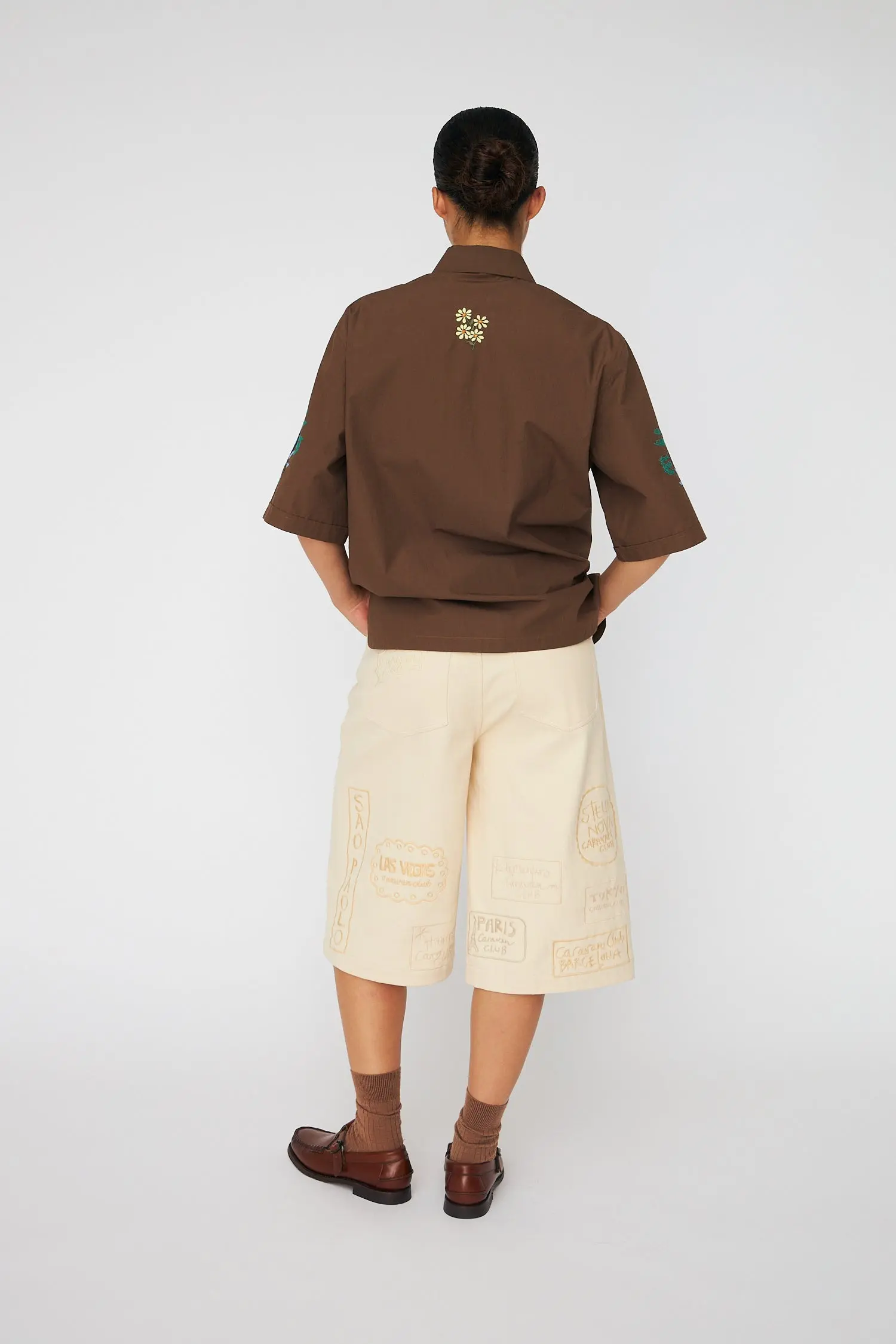 Embroidered Short Sleeved Shirt - Brown - Image 3