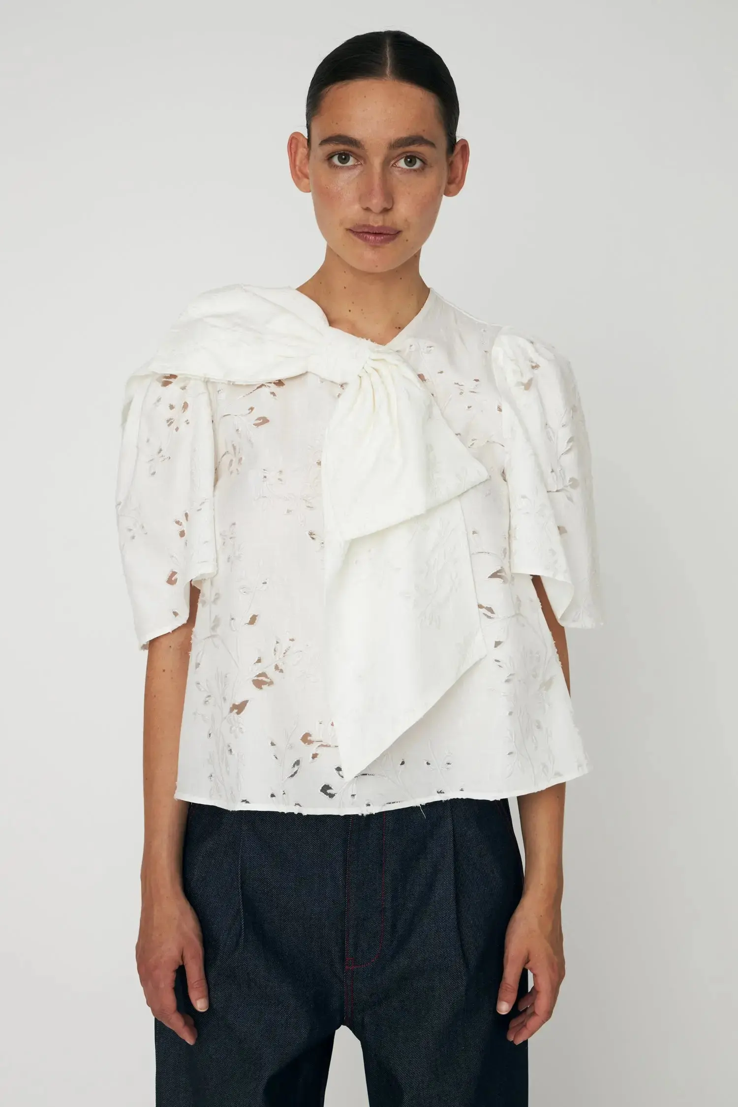 Festive Blouse with Bow - White - Image 3