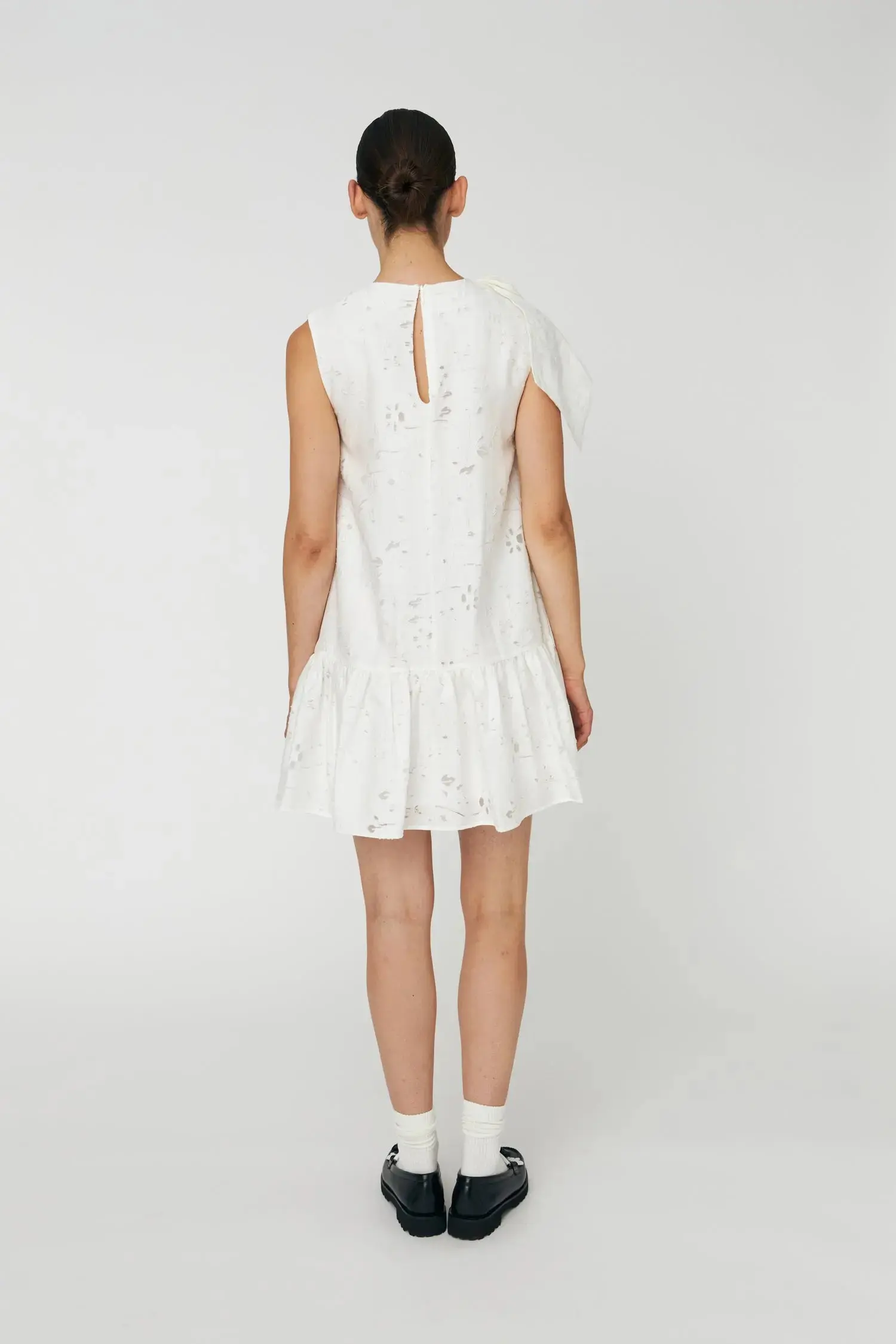 Festive Mini Dress with Bow - White - Image 3