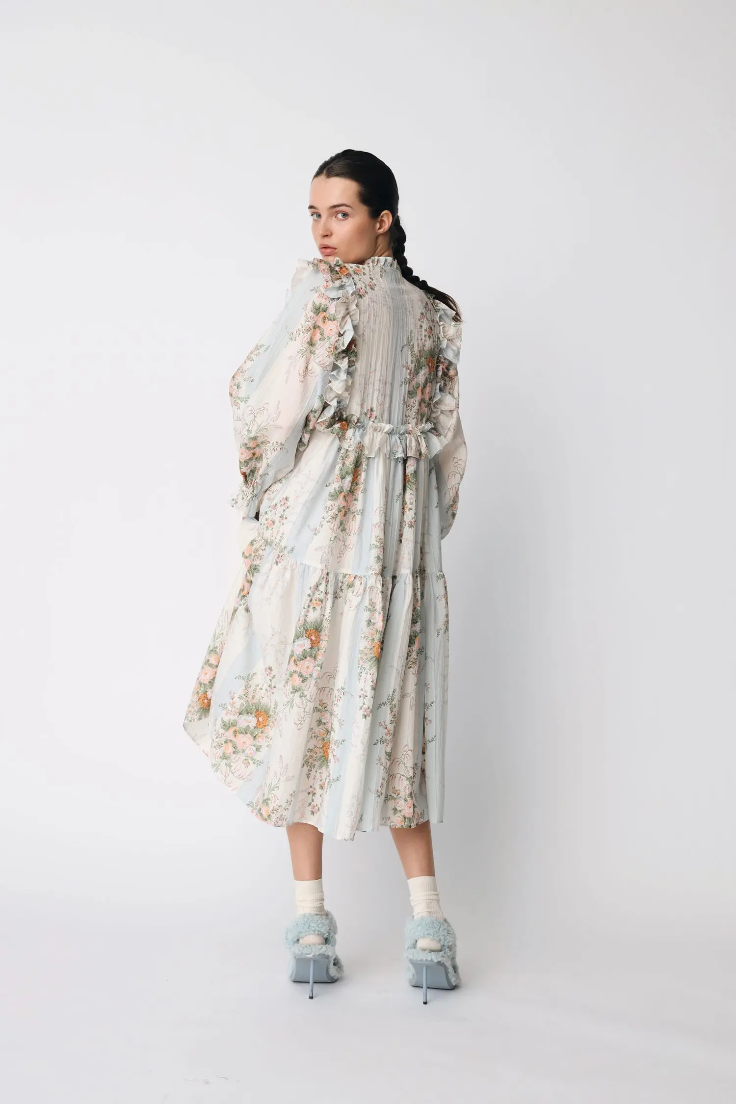 Loose fitted Frill Maxi Dress - Creme Multicolour Flowers - Image 4