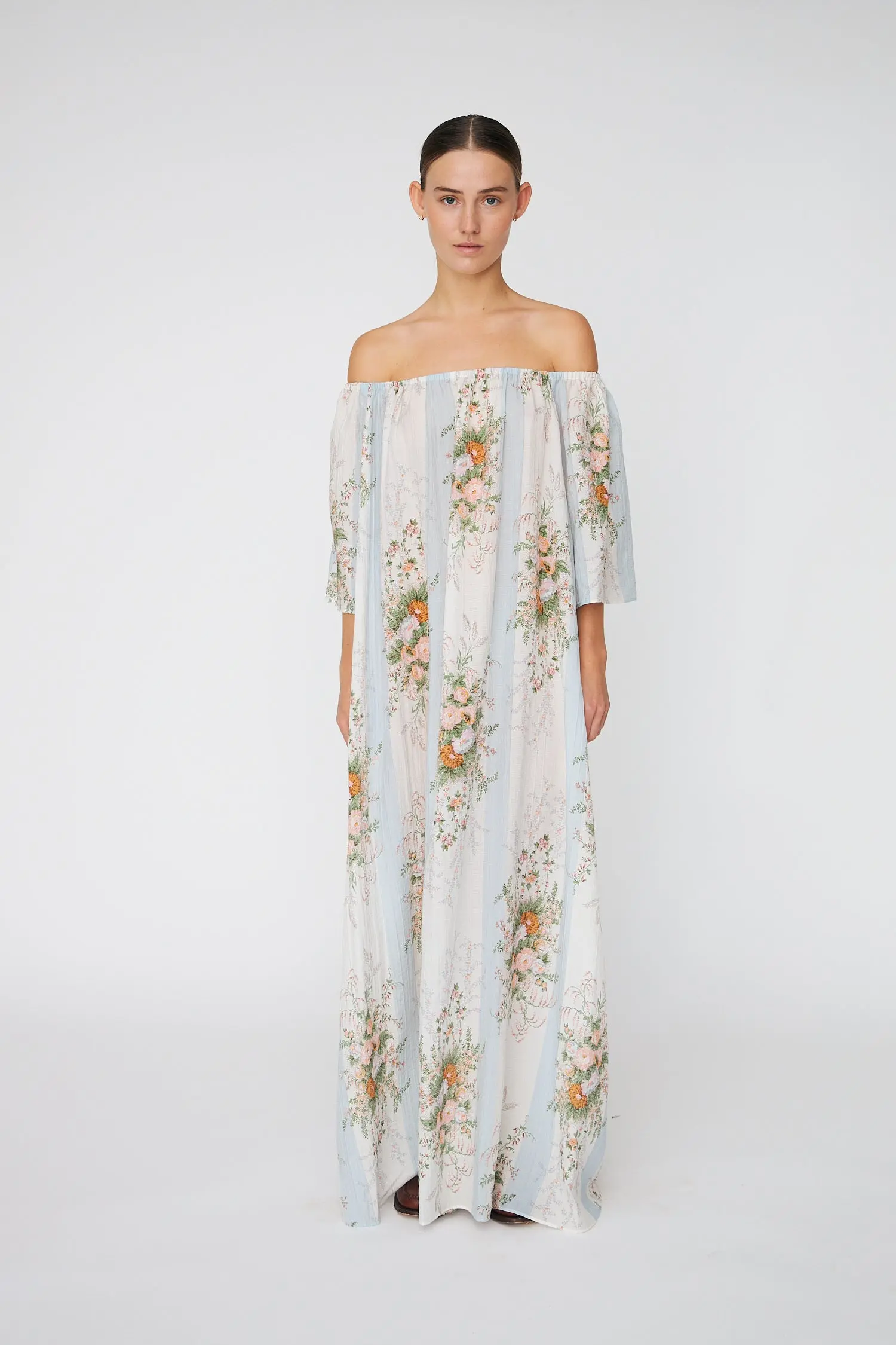 Loose Maxi Dress with drop Shoulders - Creme Multicolour Flowers - Image 4