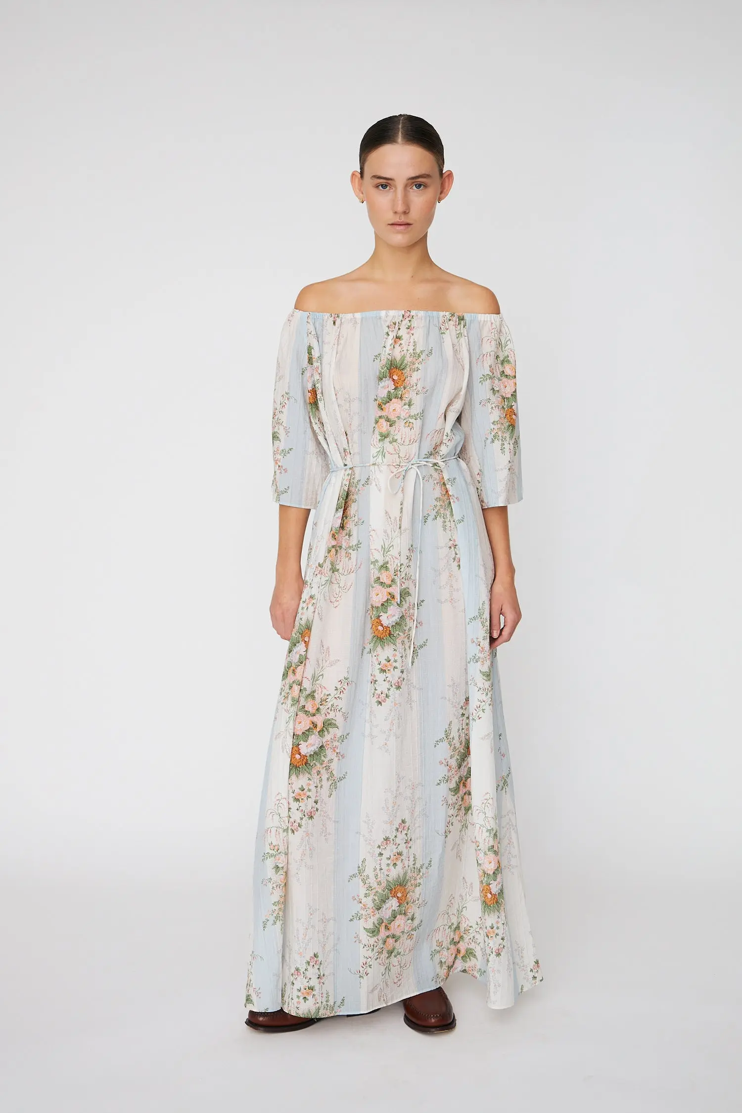 Loose Maxi Dress with drop Shoulders - Creme Multicolour Flowers - Image 5