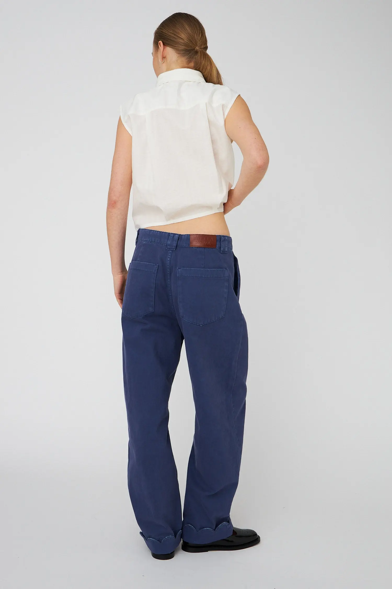 Low-Waist Cotton Pants with Scallop Edge - Dust Blue - Image 3
