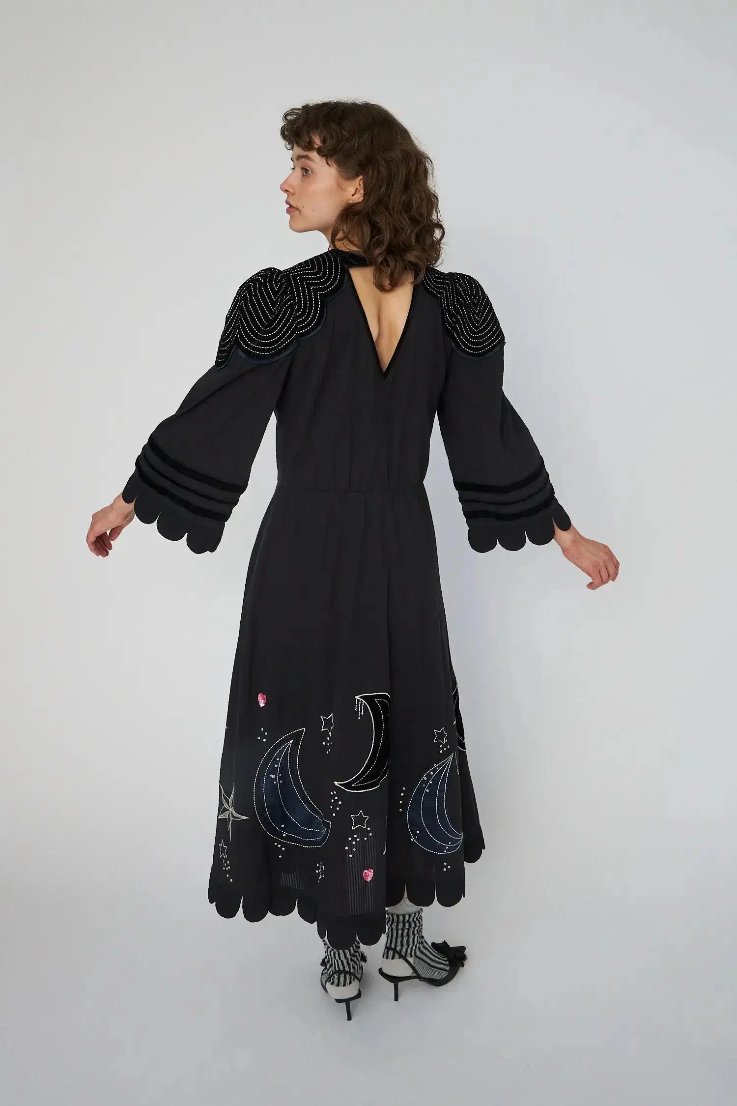 Moon and Star Embroidered Midi Dress - Black - Image 3