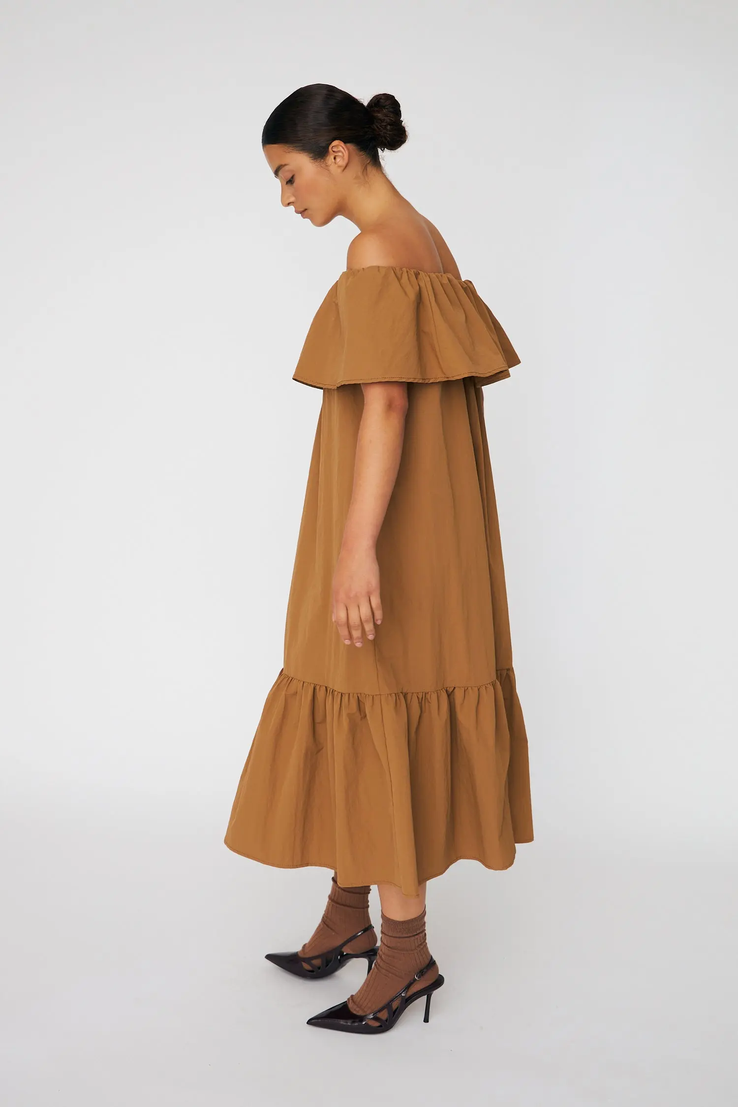 Off shoulder Midi Dress - Camel Brown - Image 2