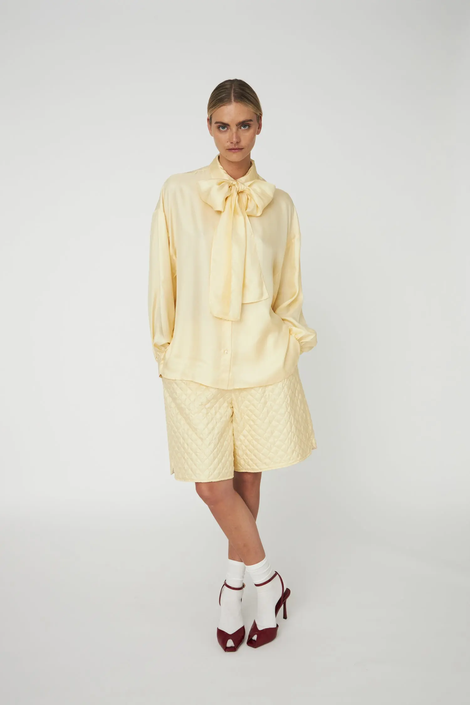 Oversized Silk Shirt with Bow - Soft Yellow