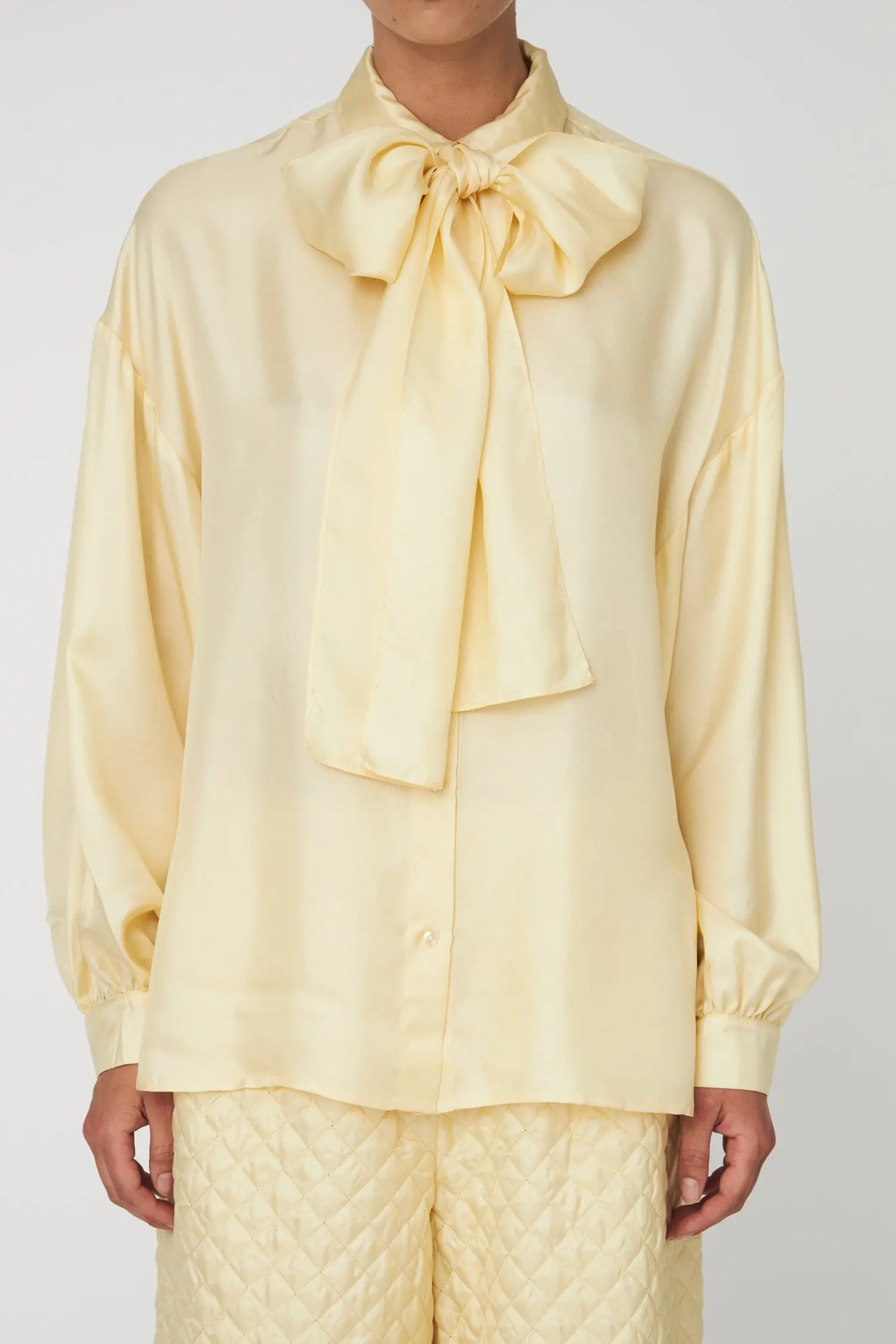 Oversized Silk Shirt with Bow - Soft Yellow - Image 2