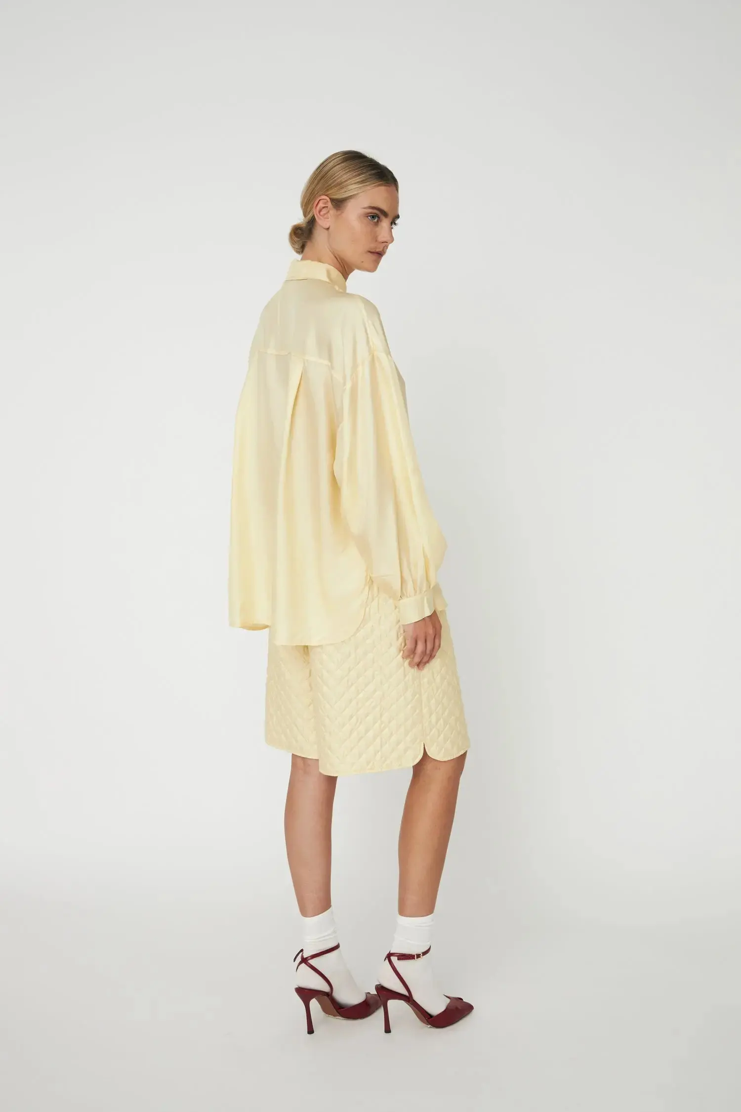 Oversized Silk Shirt with Bow - Soft Yellow - Image 4