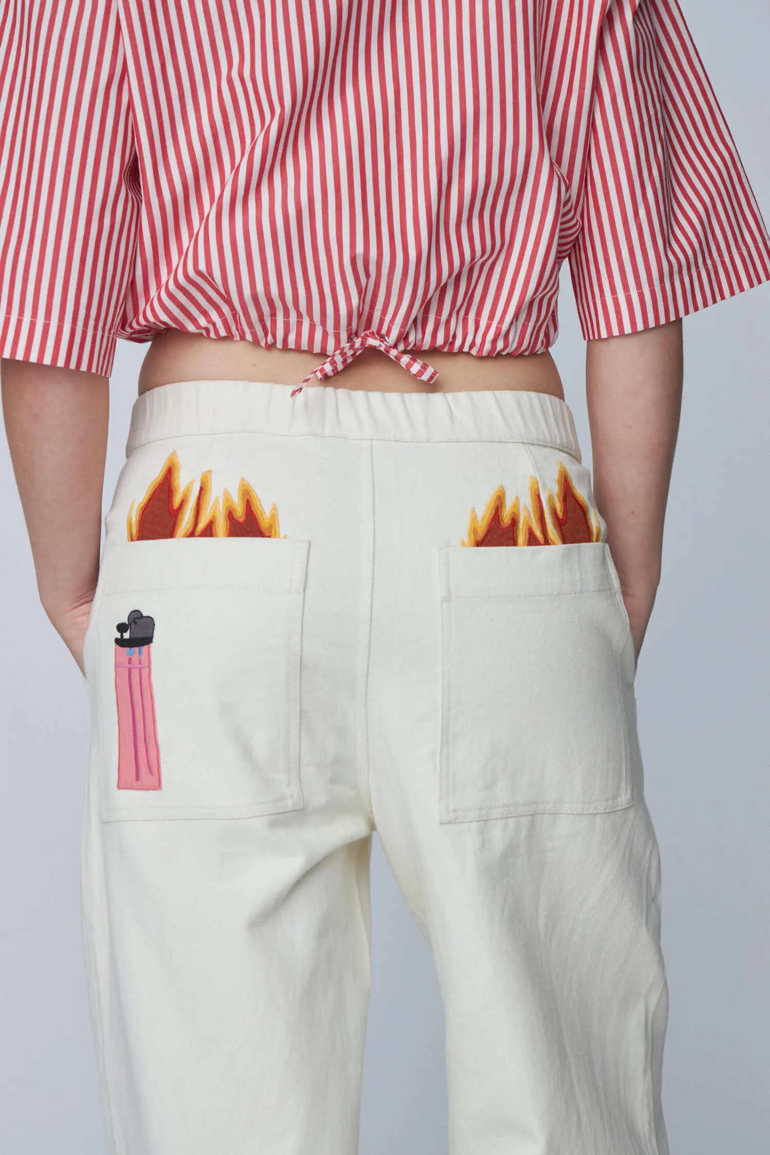 Patchwork Elements Cotton Pants - Creme - Image 3