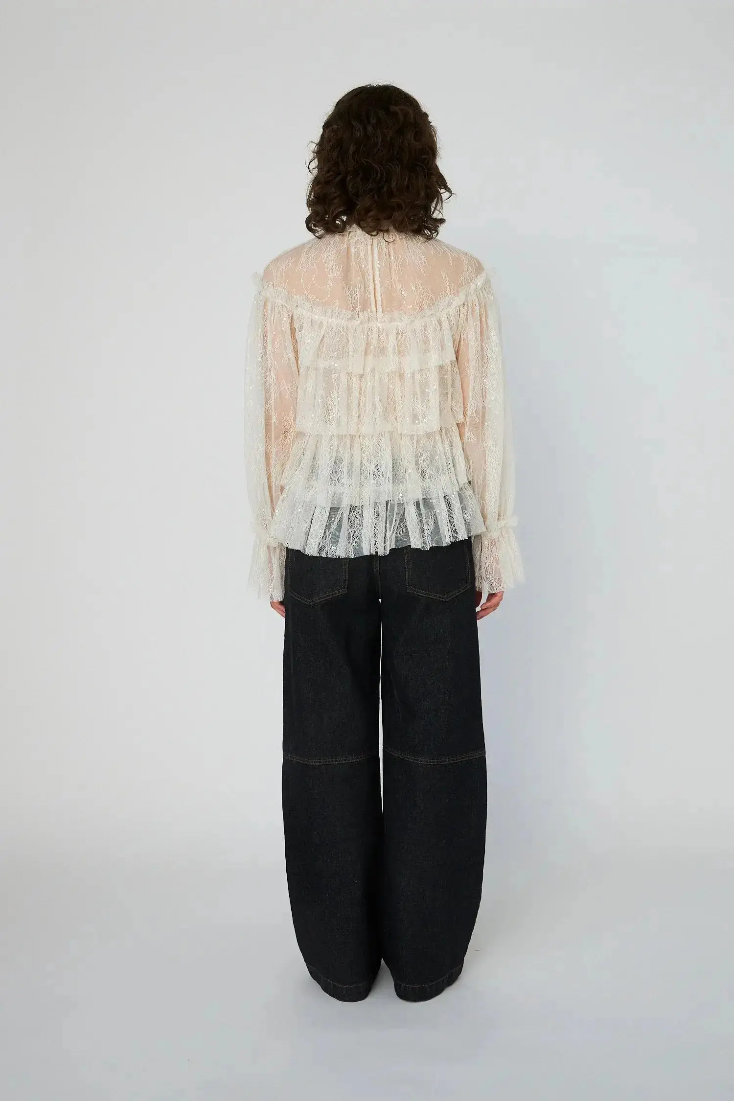 Sheer Frill Lace Blouse - Creme - Image 3