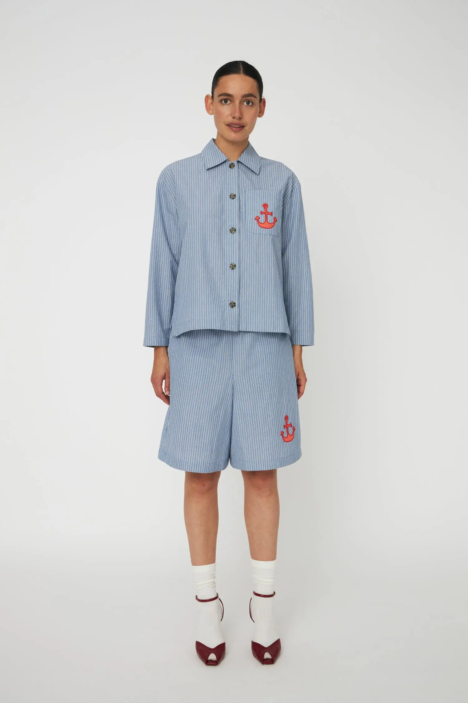 Striped Anchor Embroidered Shirt - Blue Stripes
