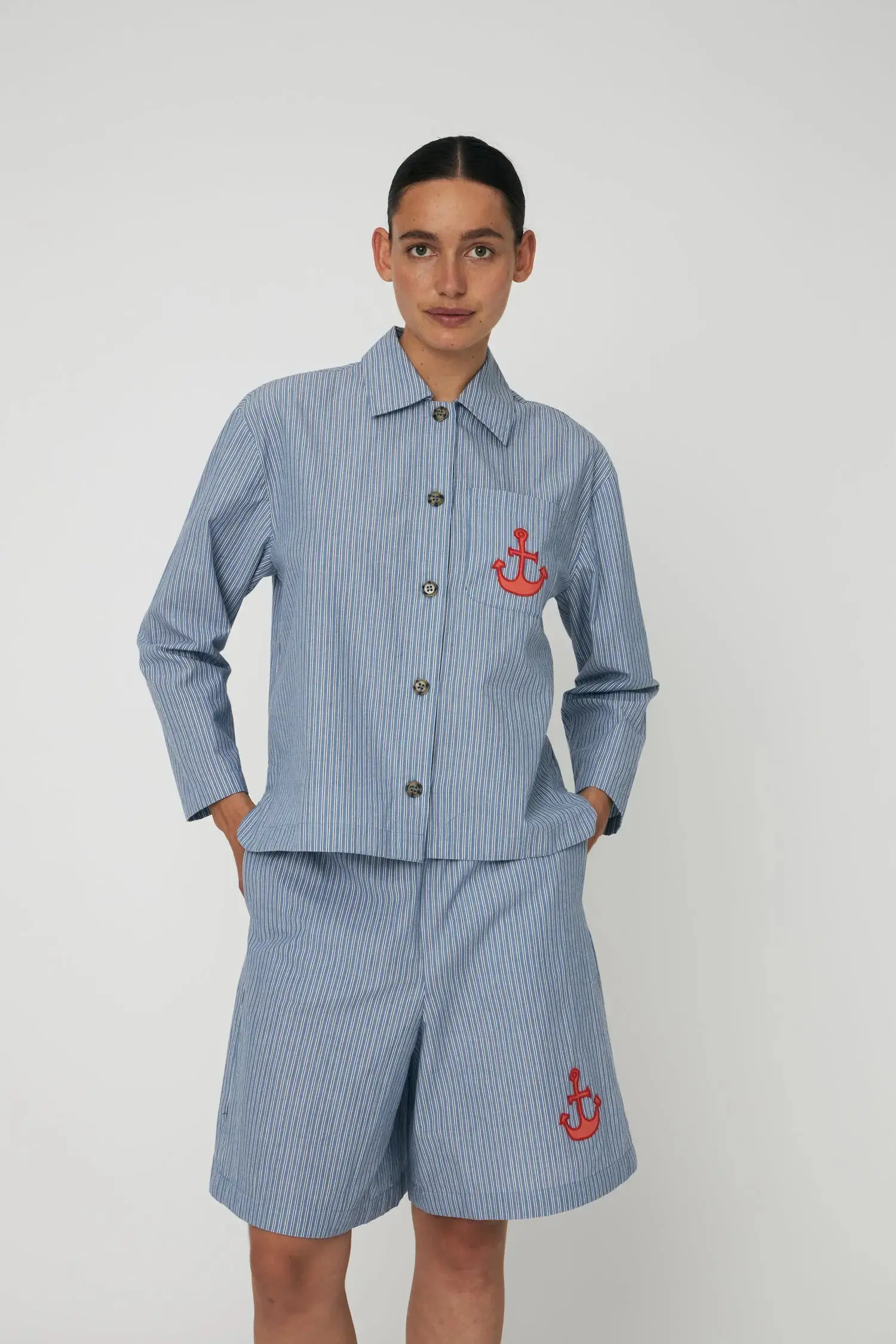 Striped Anchor Embroidered Shirt - Blue Stripes - Image 4