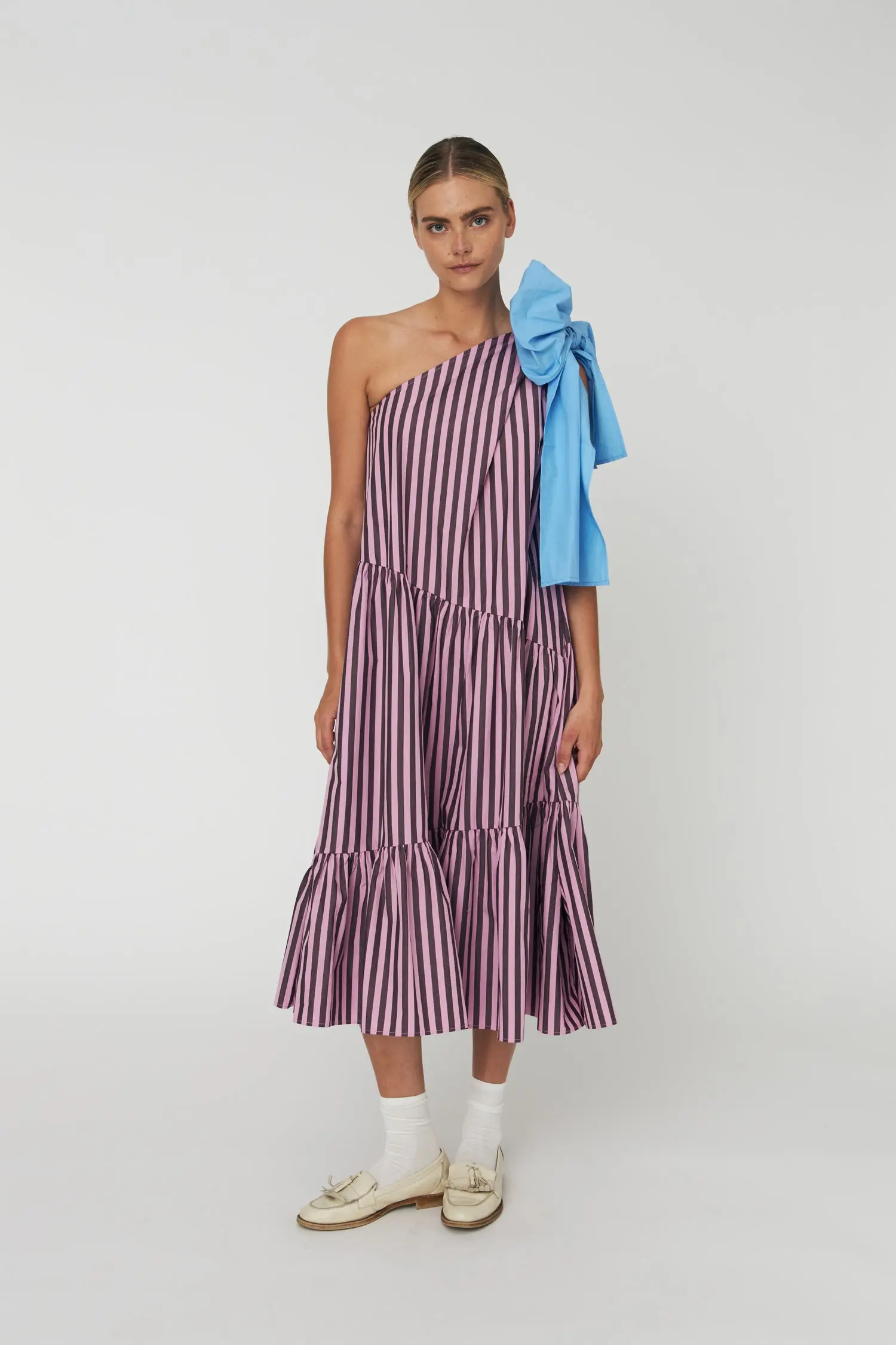 Striped Bow Midi Dress - Purple