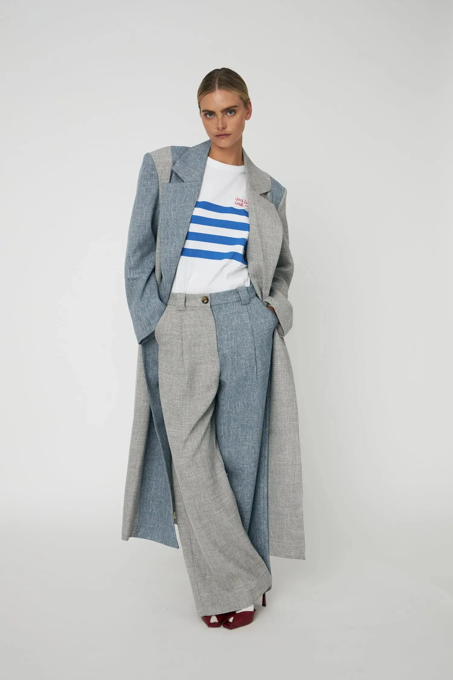 Striped Oversized Coat - Light Blue/Grey Melange - Image 3