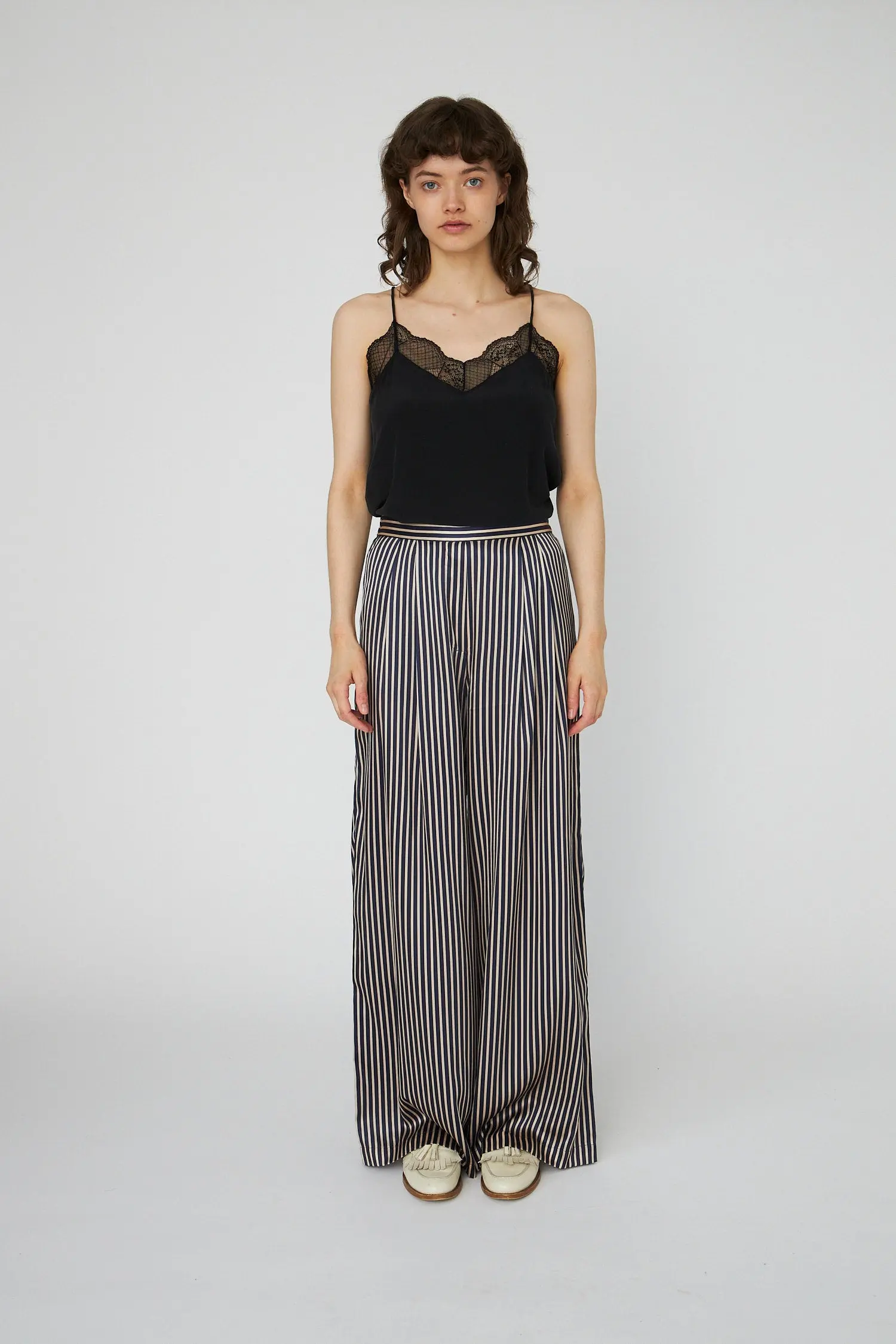 Striped Silk Mid-Waist Pants - Creme Blue Stripes