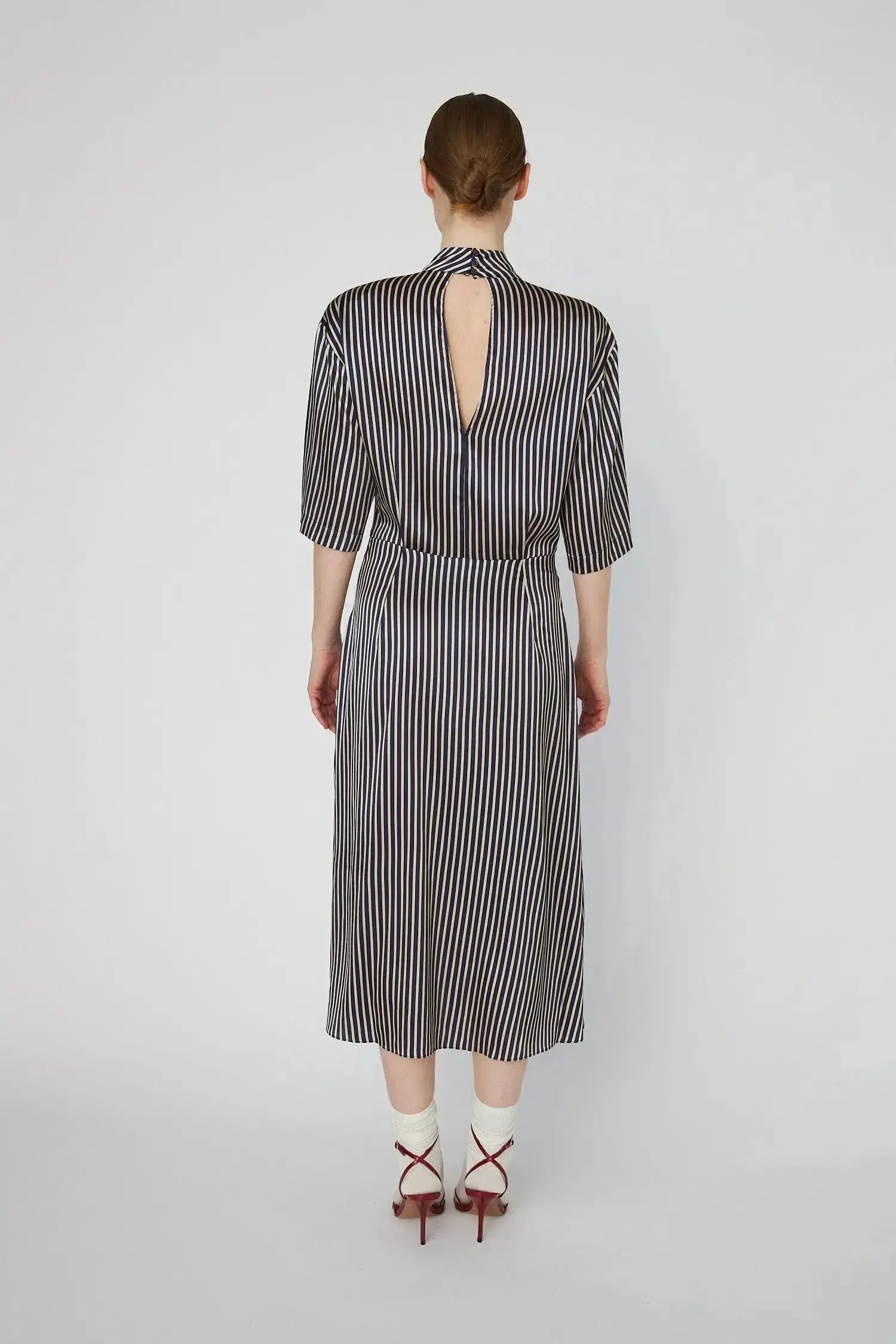 Striped Silk Midi Dress - Creme Blue Stripes - Image 4