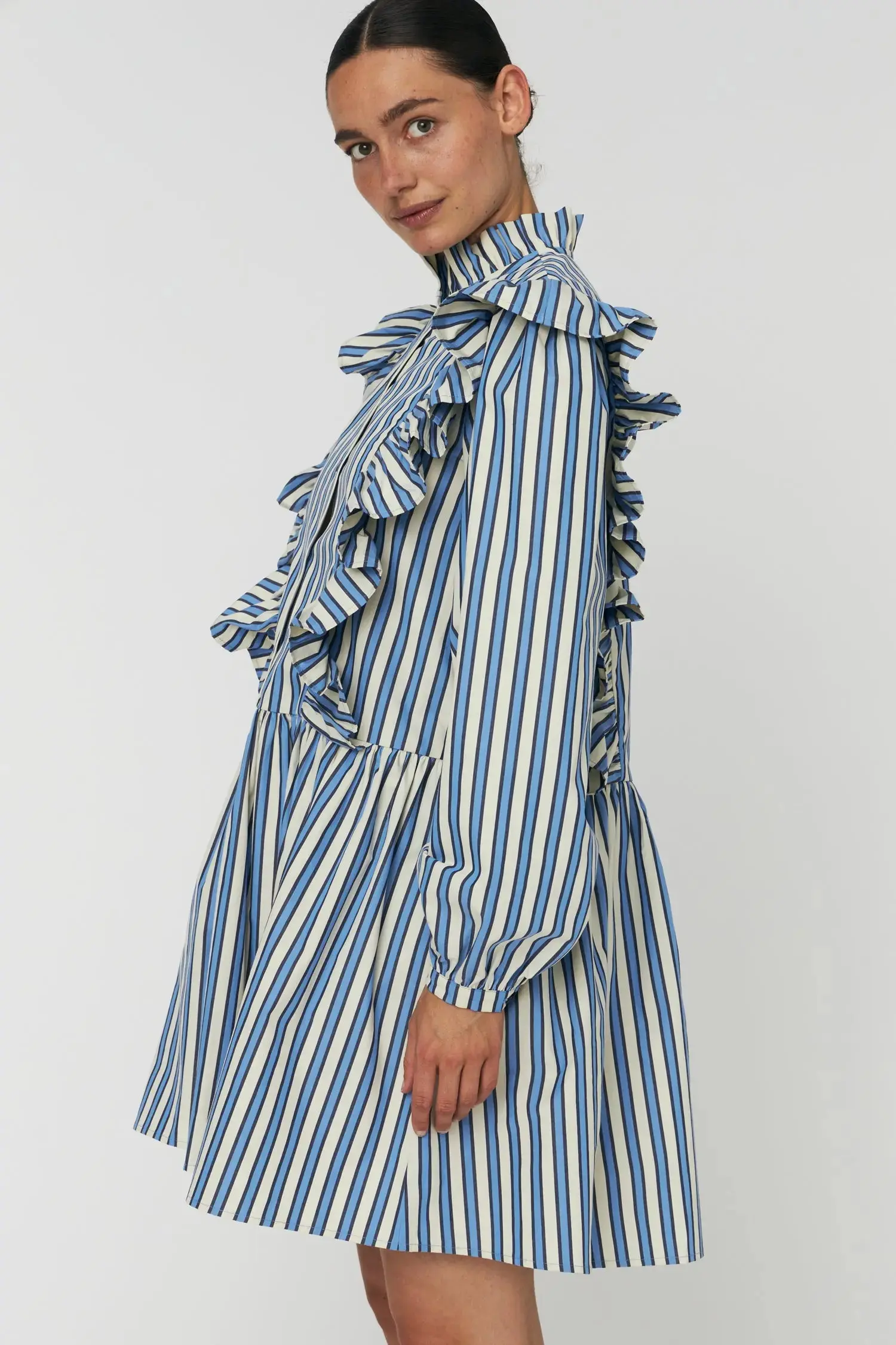 Yarn Dyed Striped Dress - Creme Blue Stripes - Image 3