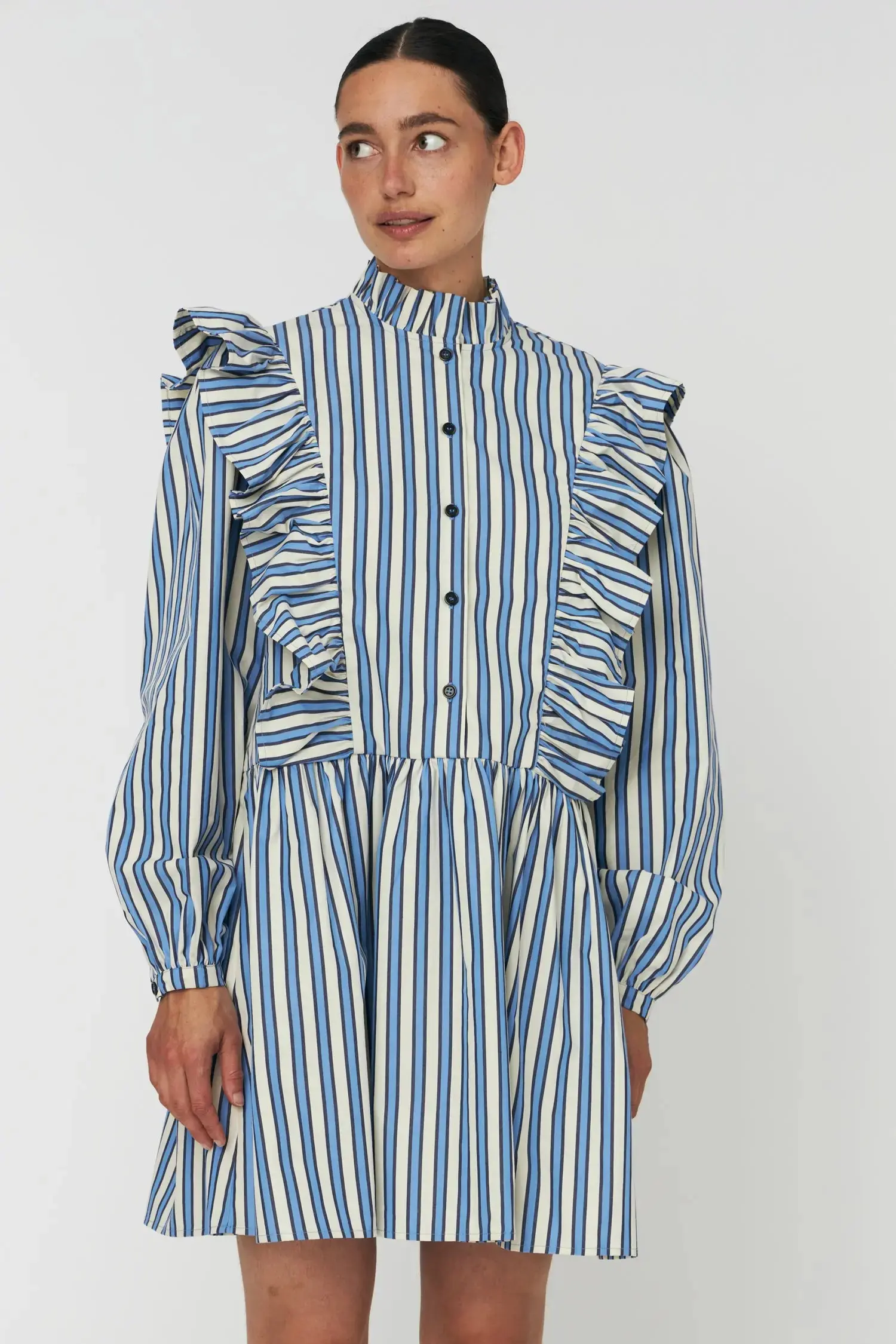 Yarn Dyed Striped Dress - Creme Blue Stripes - Image 5
